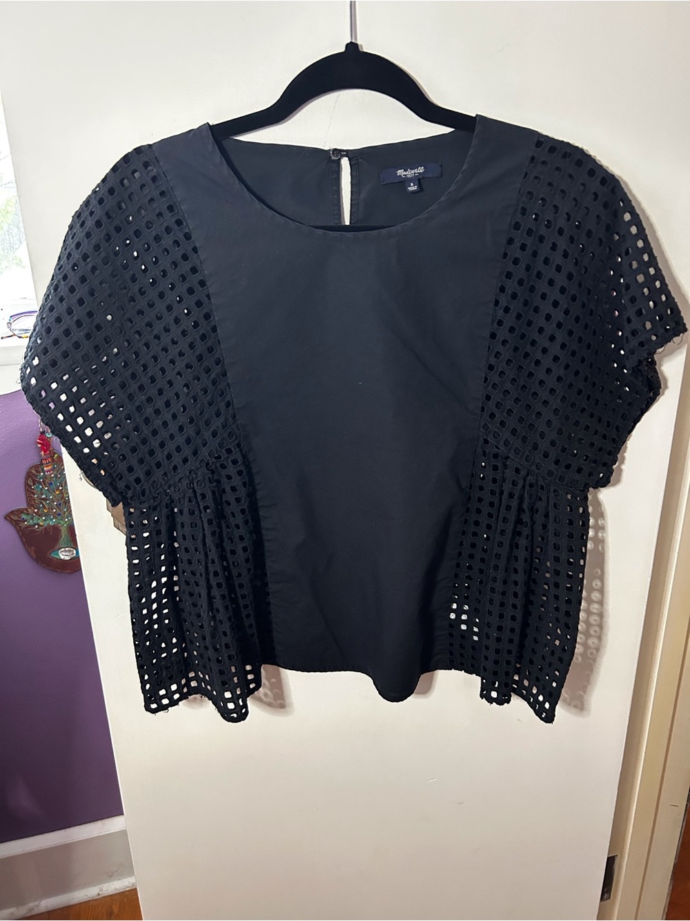 Madewell Black Eyelet Peplum Short-Sleeve Top